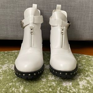 Faux Leather White Ankle Cut-Out Boots With Chrome Hardware